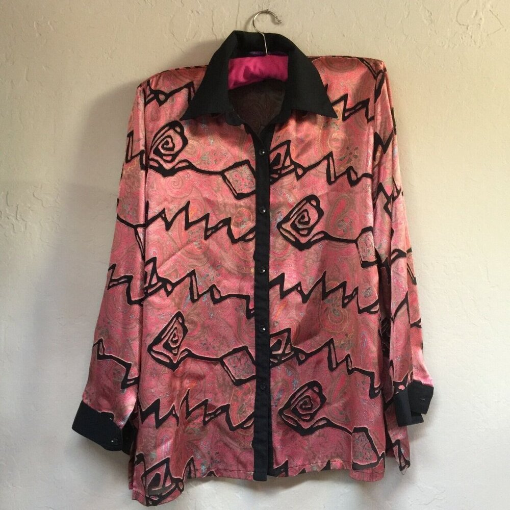 Clara Womens Large Pink Paisley Print Black Textured Button Up Long Sleeve Shirt